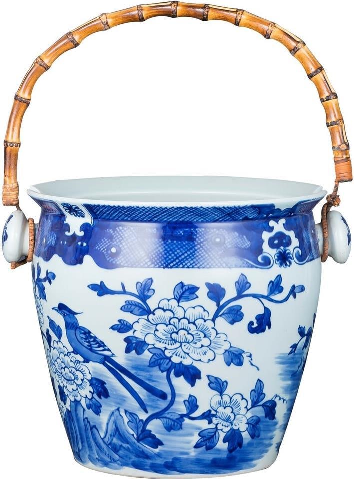 Chinoiserie Floral Porcelain Wine Bucket with Bamboo Handle: Chinoiserie Floral Porcelain Wine Bucket with Bamboo Handle Elevate your barware collection with this exquisite Floral Porcelain Wine Bucket featuring a stylish bamboo handle. Hand-crafted with a