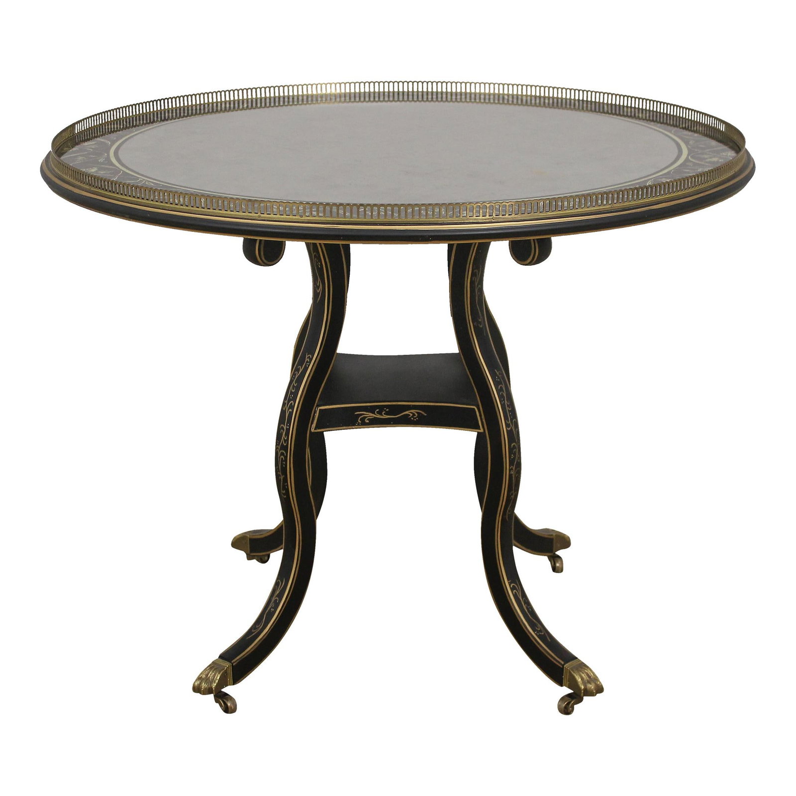 Ej Victor Regency Eglomise Mirror Center Table with Brass Gallery: Ej Victor Regency Eglomise Mirror Center Table with Brass Gallery This exquisite Ej Victor Regency Eglomise Mirror Top Center Table showcases high-quality craftsmanship and elegant design. Featuring