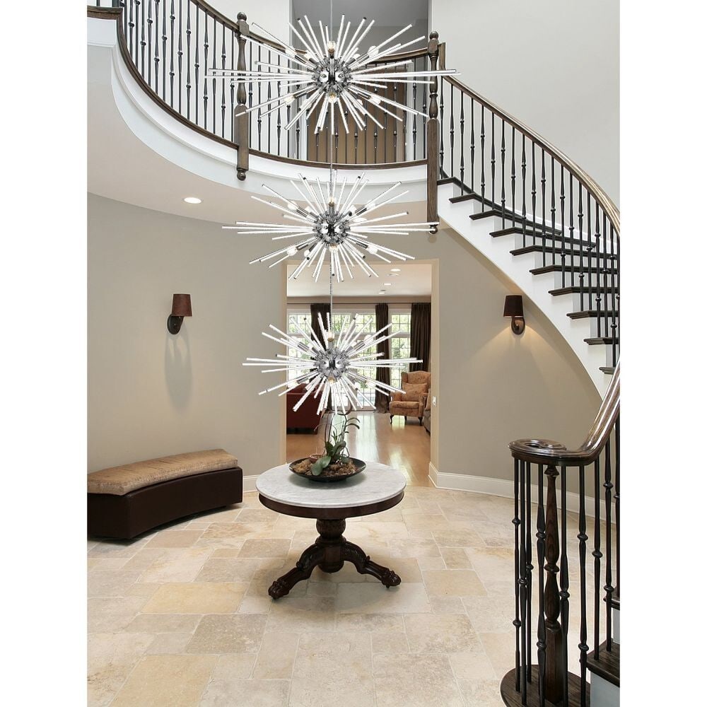 30-Light Modern Sputnik Chandelier Chrome Finish with Glass Rods: 30-Light Modern Sputnik Chandelier Chrome Finish with Glass Rods Illuminate your space with this stunning 30-Light Sputnik Chandelier, featuring a modern chrome finish and clear glass rods. Designed