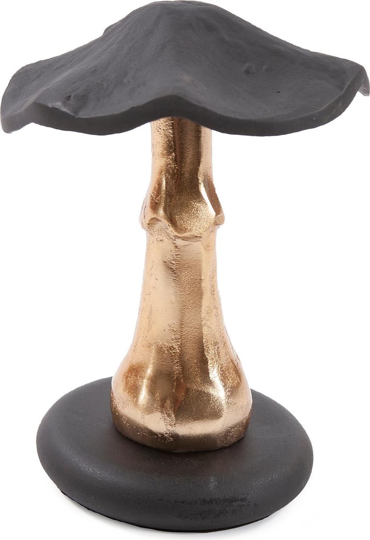Howard Elliott Eclectic Aluminum Mushroom Art 9.5H 7W 6.75D: Howard Elliott Eclectic Aluminum Mushroom Art 9.5H 7W 6.75D Introducing a whimsical porcini mushroom art piece crafted from aluminum, designed in an eclectic style that adds a touch of charm to any
