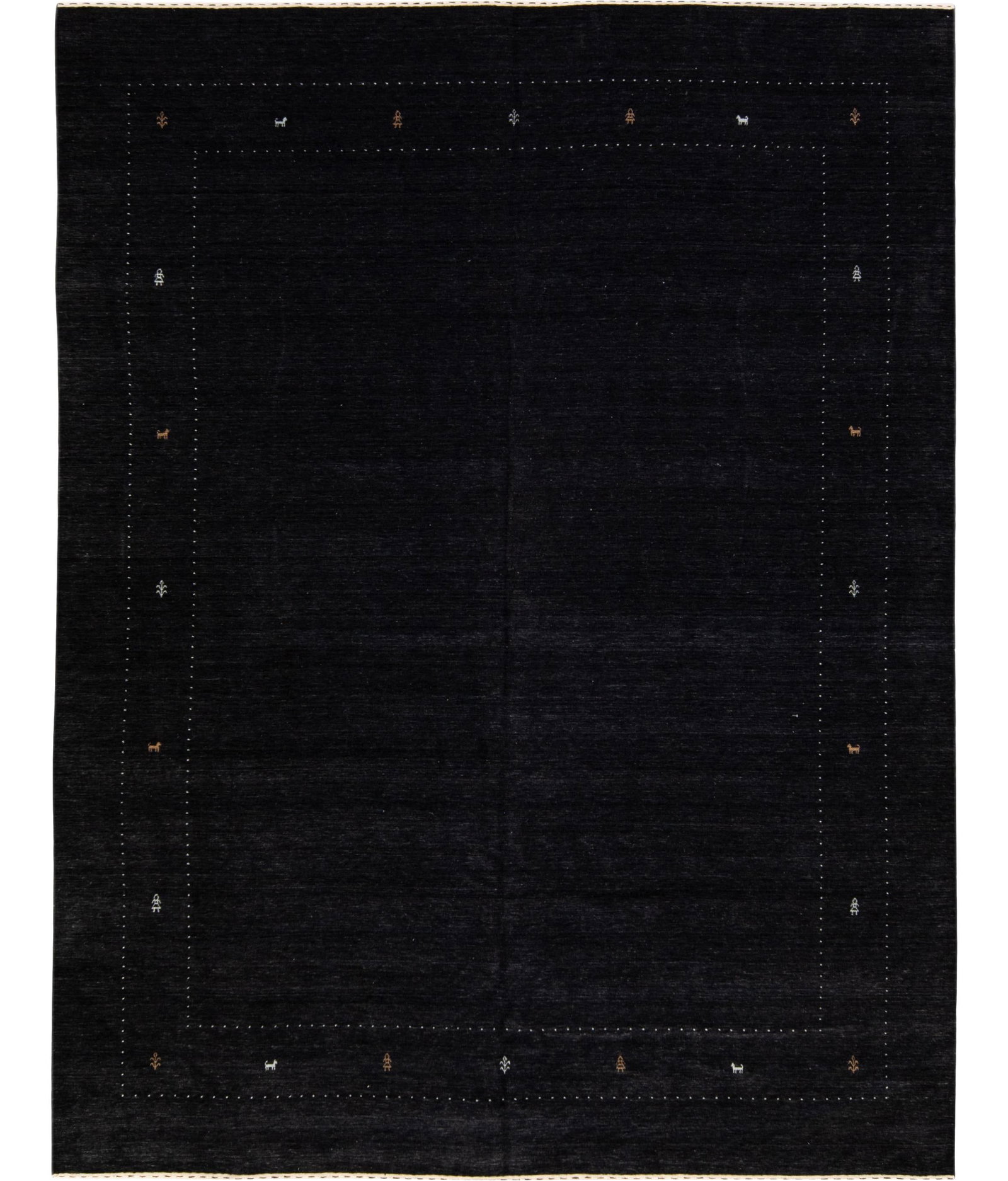 Stunning Black Gabbeh Style Hand-Loom Wool Rug 11'10 x 15'2: Stunning Black Gabbeh Style Hand-Loom Wool Rug 11'10 x 15'2 Enhance your living space with this stunning modern Gabbeh style hand-loomed wool rug. Featuring a captivating black field adorned with