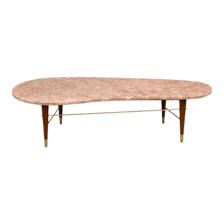 Mid Century Cherry Coffee Table with Pink Marble Top (1 of 9)
