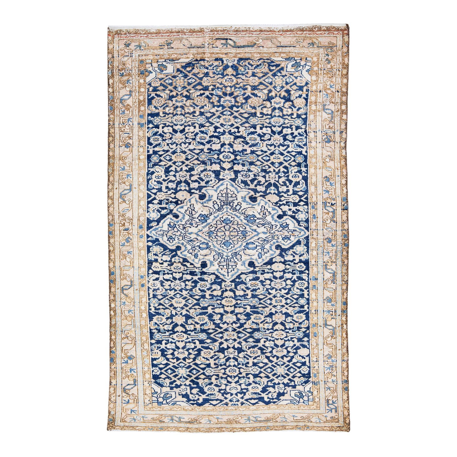 Vintage Persian Hamadan Handmade Wool Rug Navy Blue Medallion 4'1 x 7' (1 of 8)