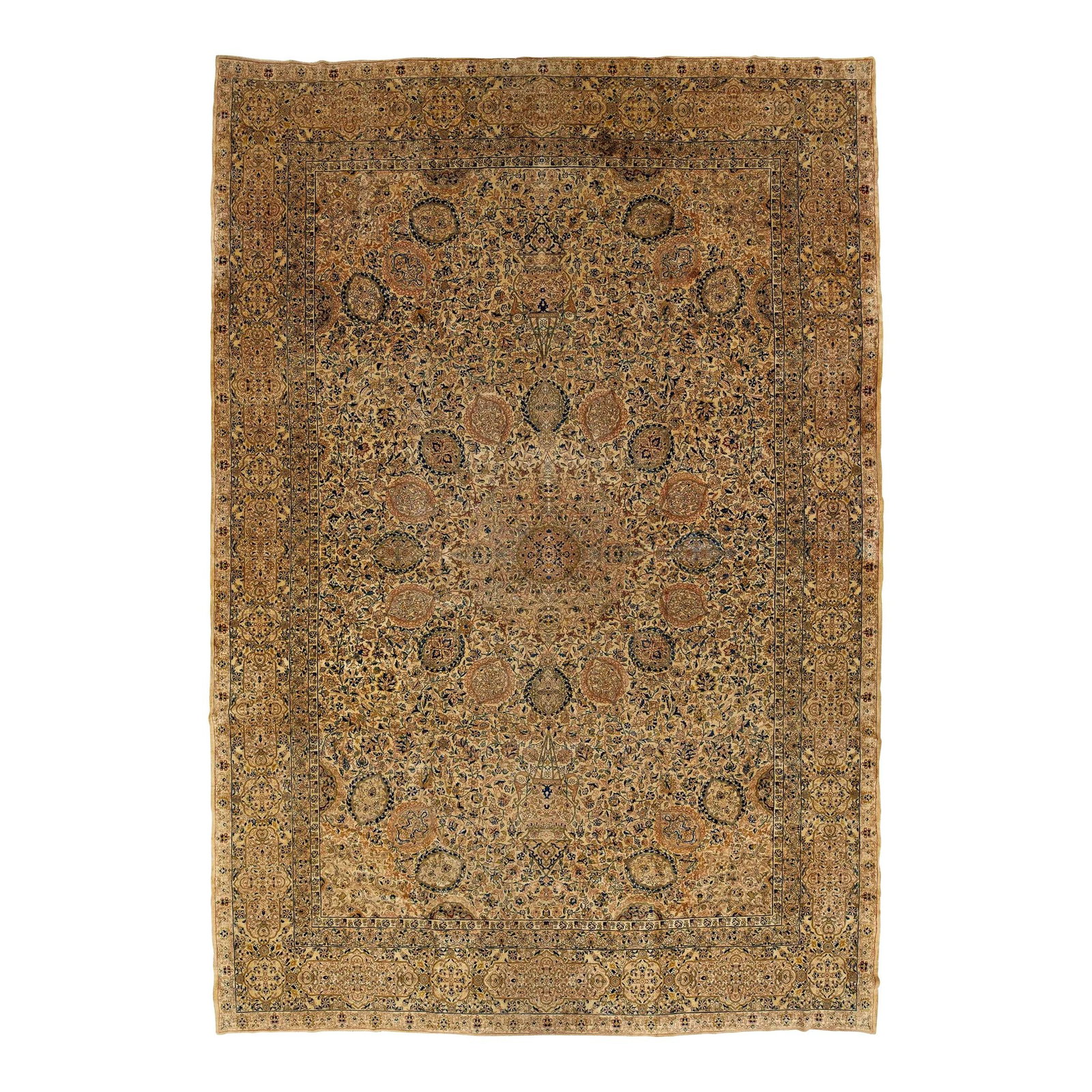 Antique Kerman Persian Wool Rug 10'6 x 15'3 Rosette Motif Tan: Antique Kerman Persian Wool Rug 10'6 x 15'3 Rosette Motif Tan Discover a stunning antique Kerman Persian wool rug from the 1900s. This exquisite piece showcases a beautiful design featuring a harmonio