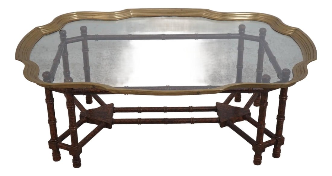 Regency Inspired Glass Coffee Table with Faux Bamboo and Tortoise Shell Finish (1 of 10)