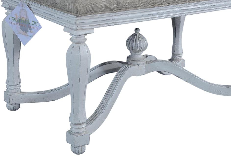 Antiqued White King Henry Bench Renaissance Revival Design: Antiqued White King Henry Bench Renaissance Revival Design Introducing the Antique Styled White King Henry Bench, a perfect addition for smaller spaces that blends vintage charm with modern functional