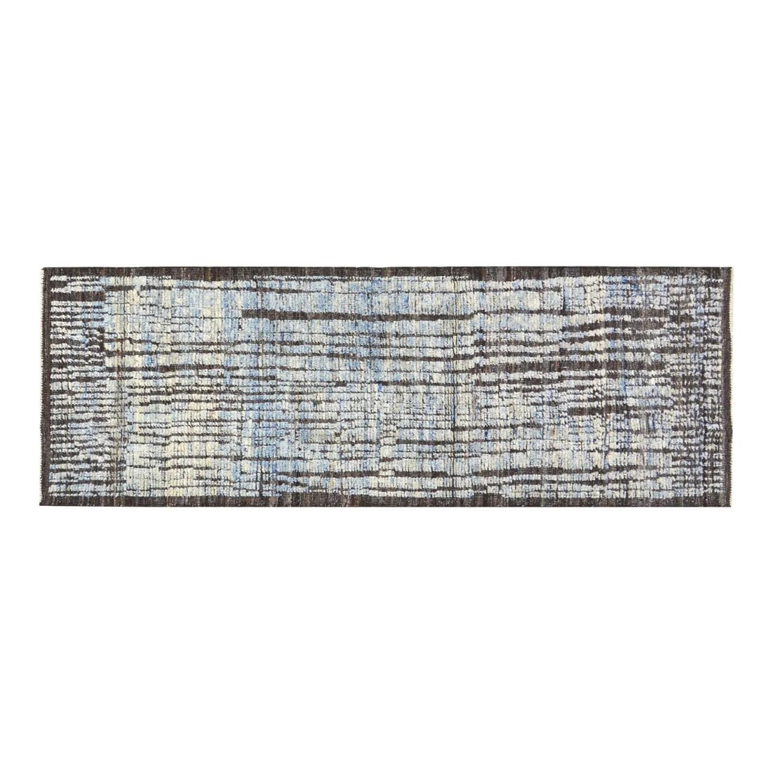 Cerulean Wool Runner Rug Hand Knotted Moroccan Design 2'9 x 8': Cerulean Wool Runner Rug Hand Knotted Moroccan Design 2'9 x 8' This Moroccan hand-knotted wool rug features traditional craftsmanship combined with a modern design sensibility. Made from soft, durable
