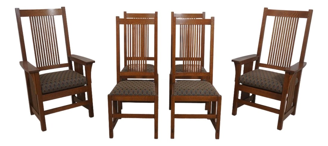 Set of Six Mission Oak Dining Chairs in Arts and Crafts Prairie Style: Set of Six Mission Oak Dining Chairs in Arts and Crafts Prairie Style This set of six Stickley dining chairs features solid oak construction in the Arts & Crafts Mission style, showcasing a prairie-in