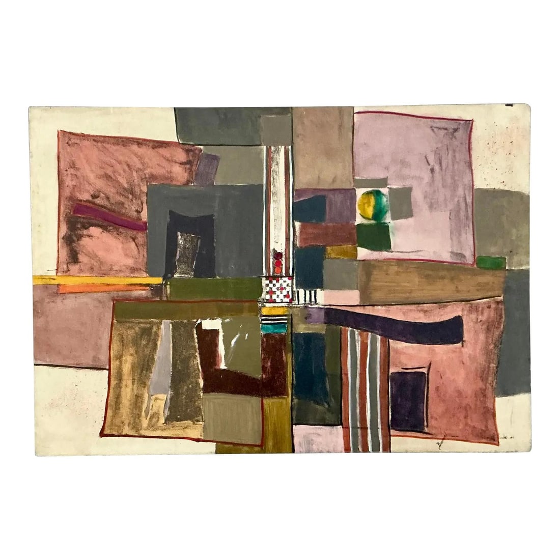 Large Mid-Century Abstract Geometric Oil Painting on Canvas 60 x 42 Inches: Large Mid-Century Abstract Geometric Oil Painting on Canvas 60 x 42 Inches This mid-century oil painting exemplifies abstract geometric composition, featuring bold interlocking forms in terracotta, du