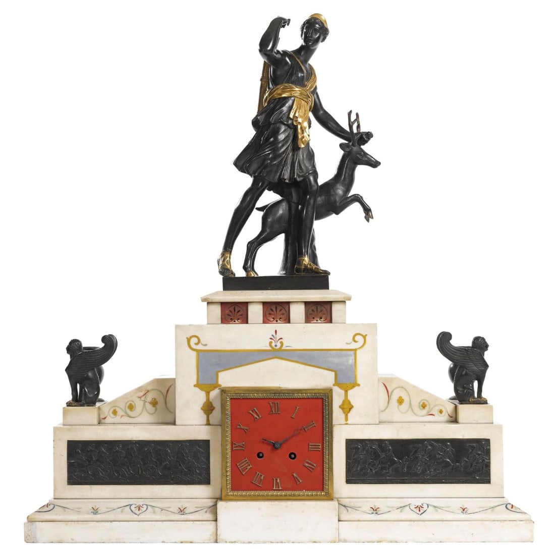 Neoclassical Italian Bronze and Marble Mantel Clock Depicting Diana 19th Century: Neoclassical Italian Bronze and Marble Mantel Clock Depicting Diana 19th Century This large 19th century neoclassical mantle clock features a figural design depicting Diana the Hunter. Crafted in Ital