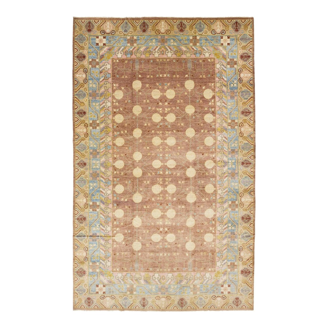 12'1 x 19'6 Brown Wool Khotan Style Rug with Allover Design: 12'1 x 19'6 Brown Wool Khotan Style Rug with Allover Design This exquisite Khotan-style hand-knotted wool rug features a rich brown field, beautifully accented with delicate touches of gold, pink, bei