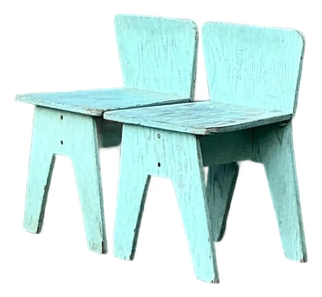 Pair of Rustic Teal Painted Primitive Low Wood Chairs (1 of 9)
