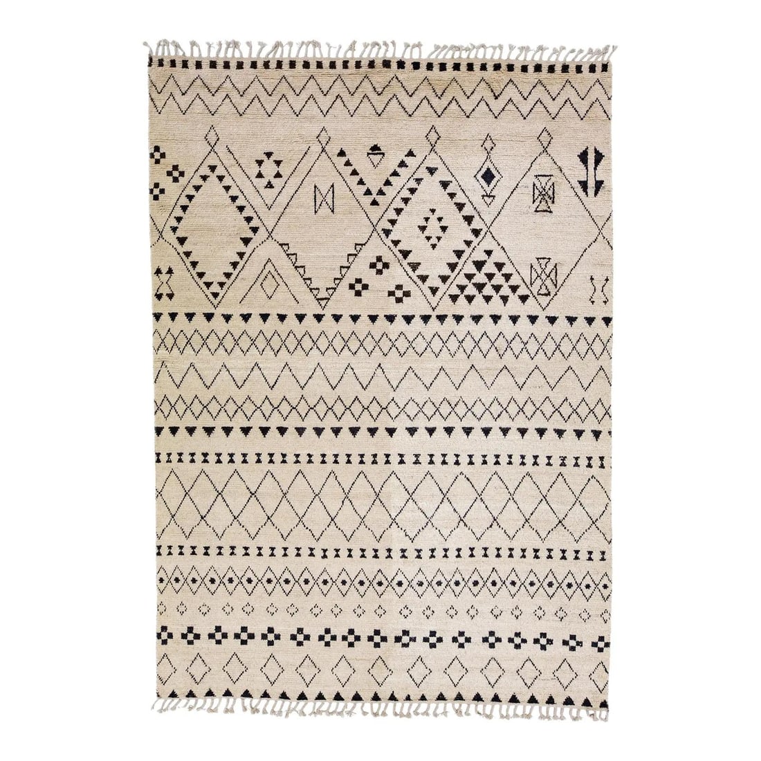 Handmade Tribal Beige Wool Rug 8'9 x 12'3 Moroccan Style: Handmade Tribal Beige Wool Rug 8'9 x 12'3 Moroccan Style Enhance your home decor with this stunning contemporary Moroccan-style handmade wool rug. Featuring a beautiful beige field adorned with a stri