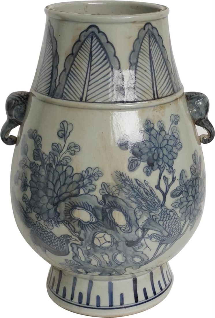 Handmade Blue and White Elephant Handle Vase 14H 10W 10D (1 of 1)