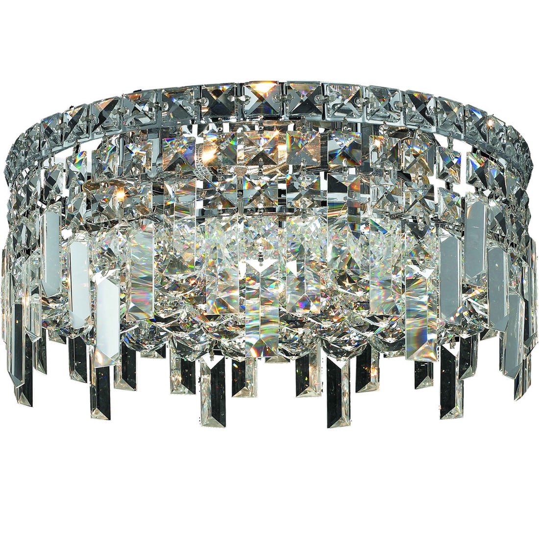 Maxime 14 Inch Chrome Flush Mount Crystal Chandelier with Four Lights: Maxime 14 Inch Chrome Flush Mount Crystal Chandelier with Four Lights This modern flush mount chandelier features a polished chrome finish with Royal Cut clear crystals and is designed to accommodate 