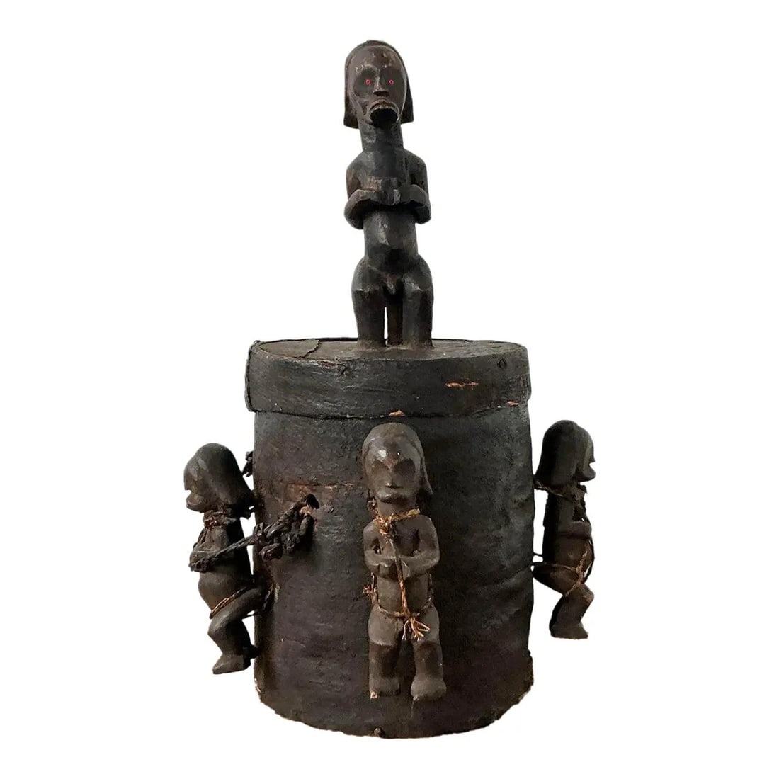 Hand-Carved Tribal Lidded Wood Pot with Sculptural Figure and Red Bead Eyes (1 of 10)
