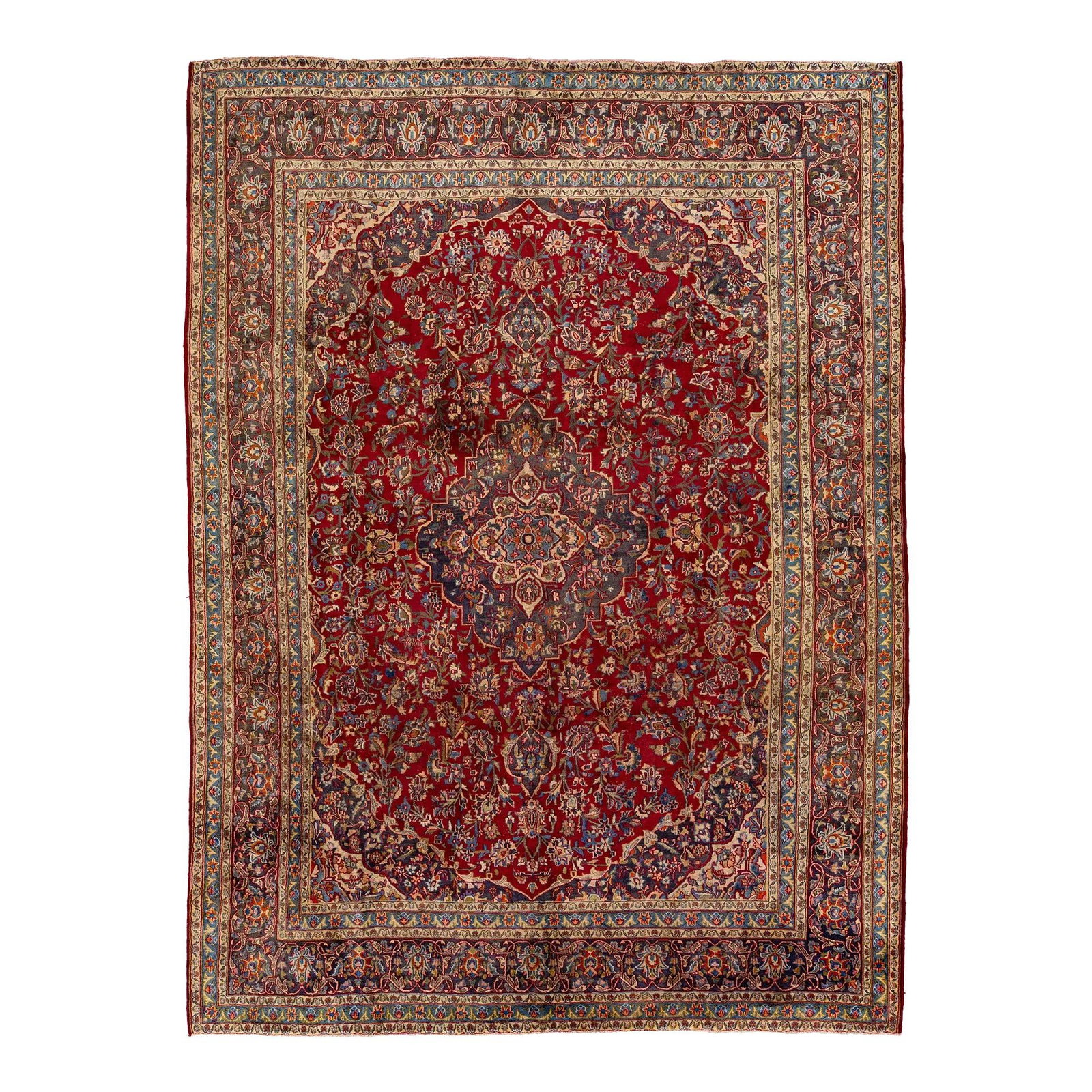 Vintage Red Persian Kashan Wool Rug with Medallion Design 9'4" x 12'10": Vintage Red Persian Kashan Wool Rug with Medallion Design 9'4" x 12'10" This exquisite vintage Persian Kashan rug showcases a stunning red field adorned with a vibrant multi-color floral medallion des