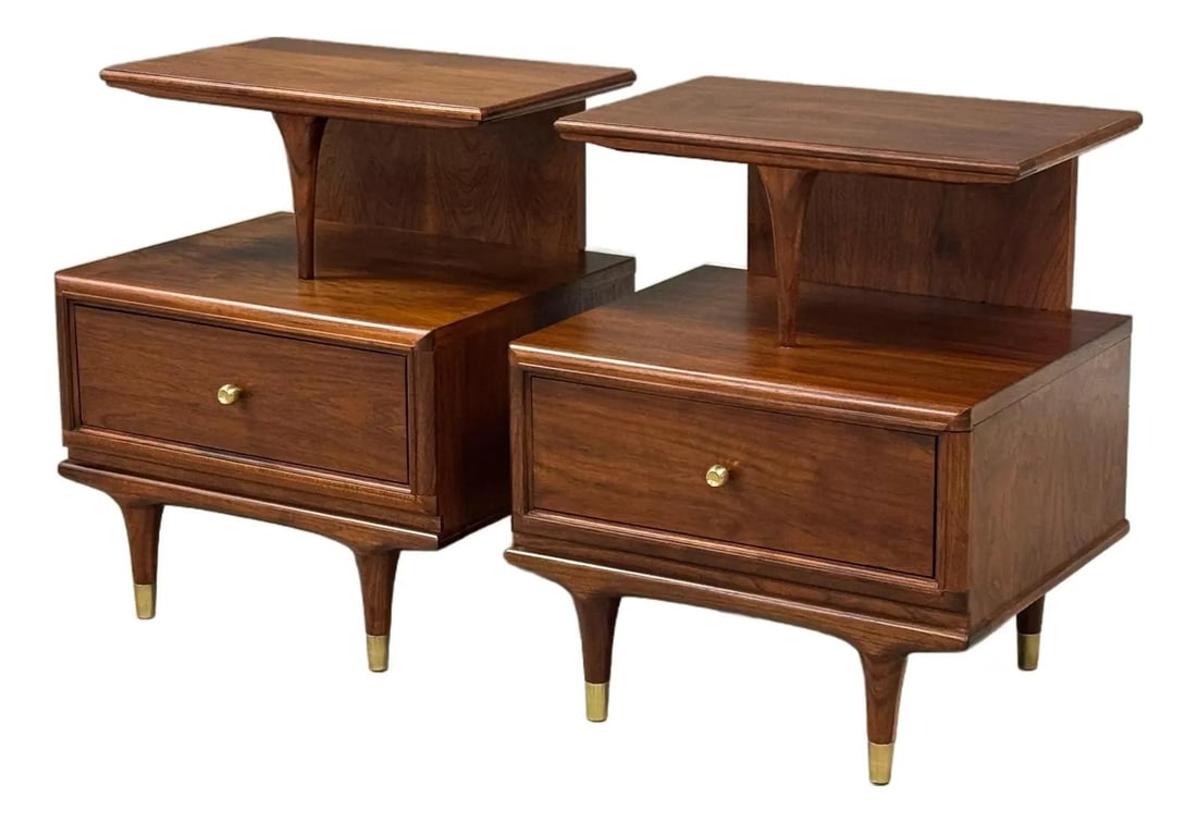Mid Century Walnut Nightstands by Kent Coffey Continental - 1960s Pair: Mid Century Walnut Nightstands by Kent Coffey Continental - 1960s Pair This elegant pair of mid-century modern nightstands, crafted from rich walnut, showcases a timeless design that enhances any bedr