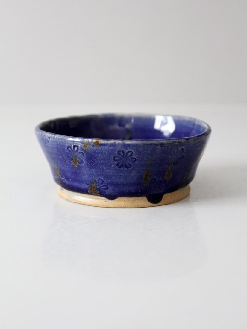 Deep Cobalt Glazed Studio Pottery Bowl With Stamped Floral Design (1 of 11)