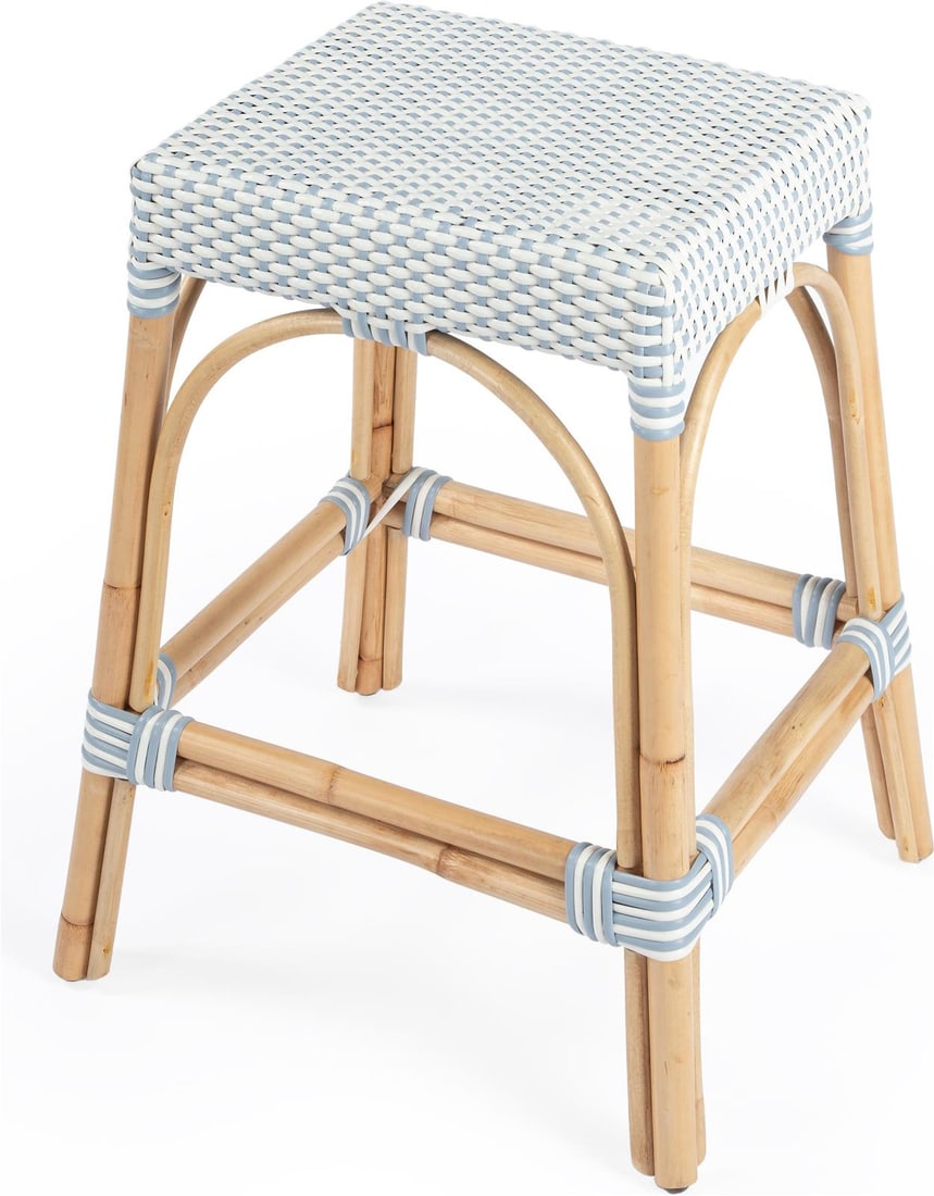 Butler Coastal Rattan Stool Sky Blue Dot 24.5H 19.5W 17D (1 of 7)