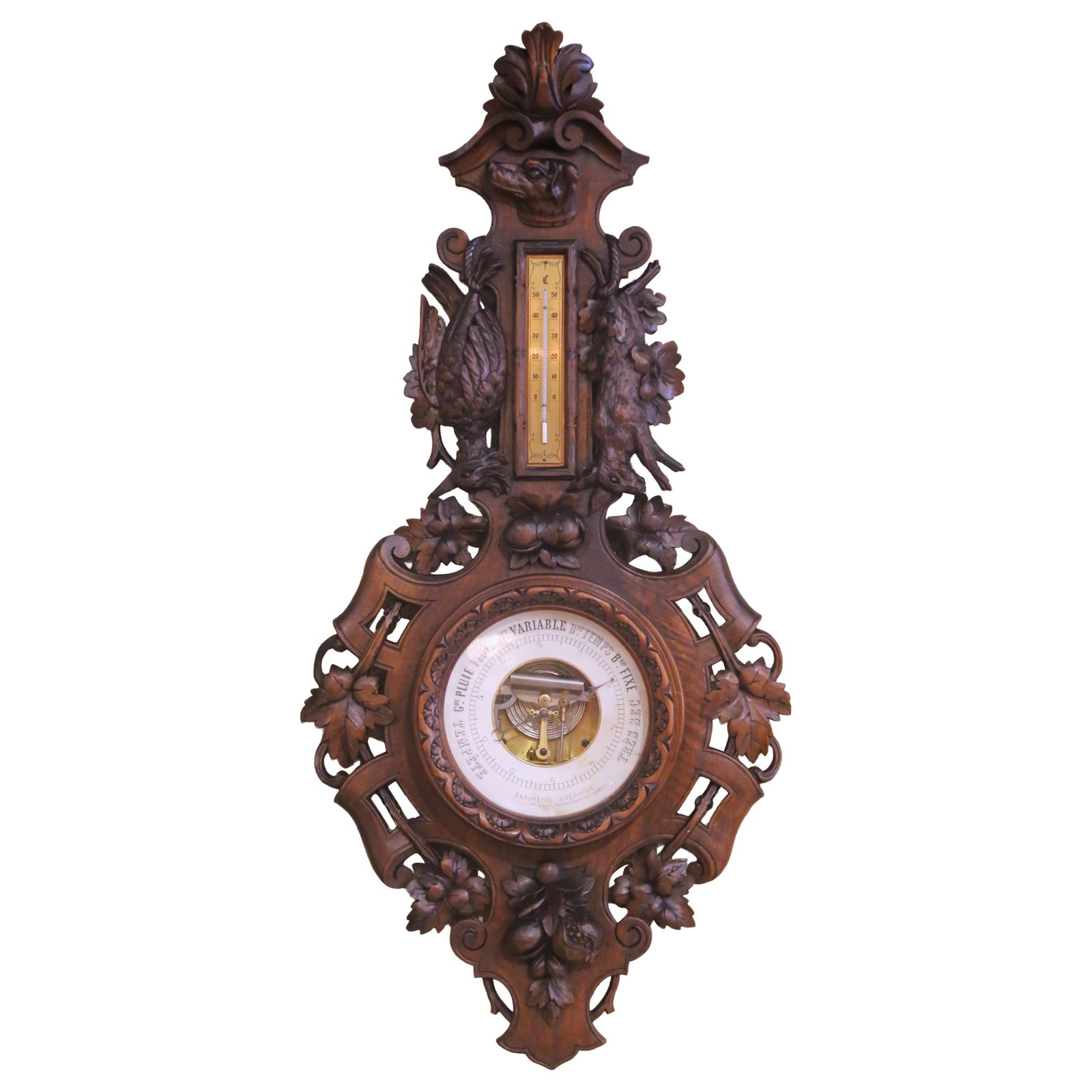 French Black Forest Style Walnut Wall Barometer Thermometer Circa 1880: French Black Forest Style Walnut Wall Barometer Thermometer Circa 1880 This antique French Black Forest-style wall barometer thermometer was crafted in France circa 1880 from solid hand-carved walnut.