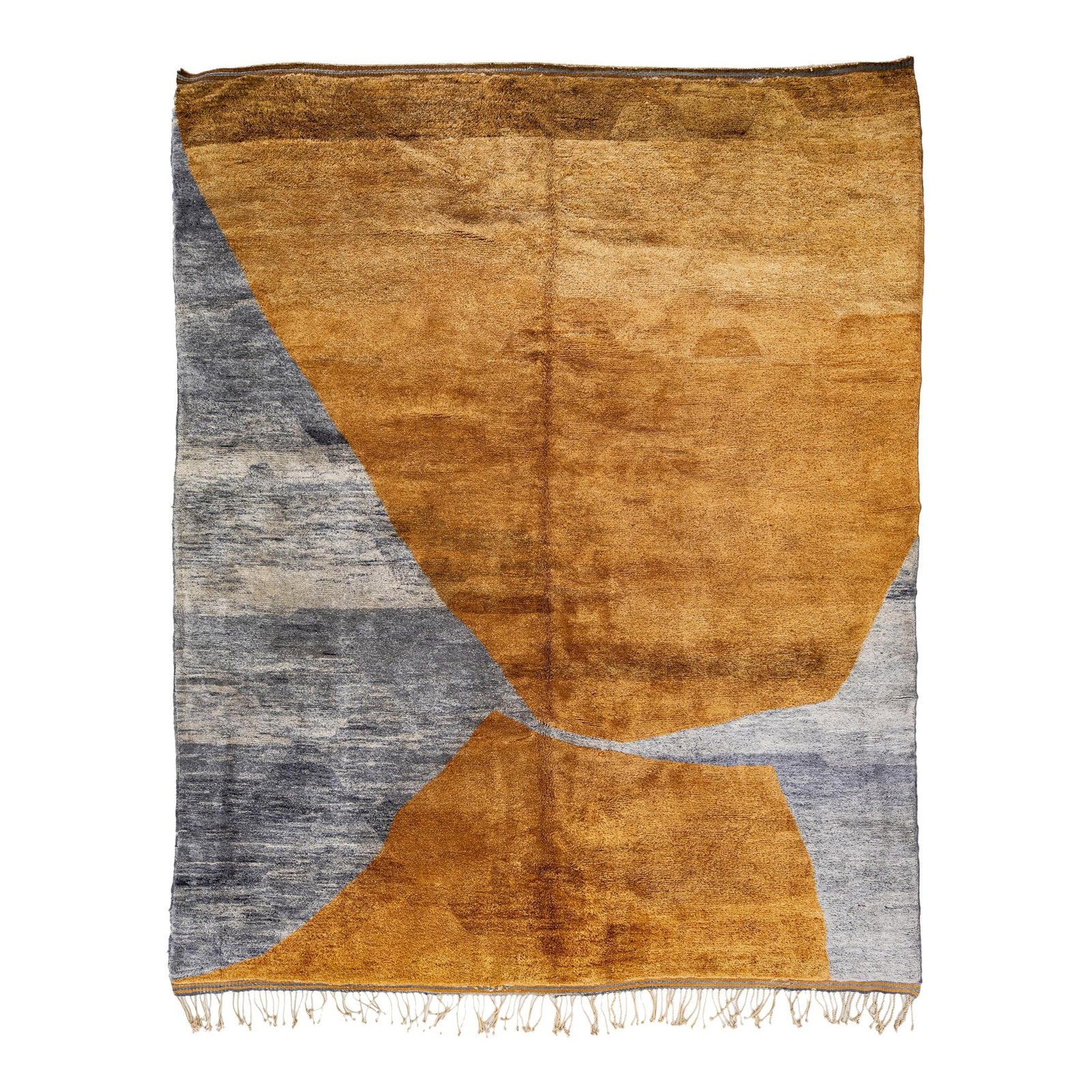 Handmade Gray and Goldenrod Moroccan Wool Rug 9'8 x 12': Handmade Gray and Goldenrod Moroccan Wool Rug 9'8 x 12' Enhance your living space with this exquisite Modern Moroccan Abstract Motif rug, meticulously hand-knotted from soft wool. Featuring a serene l