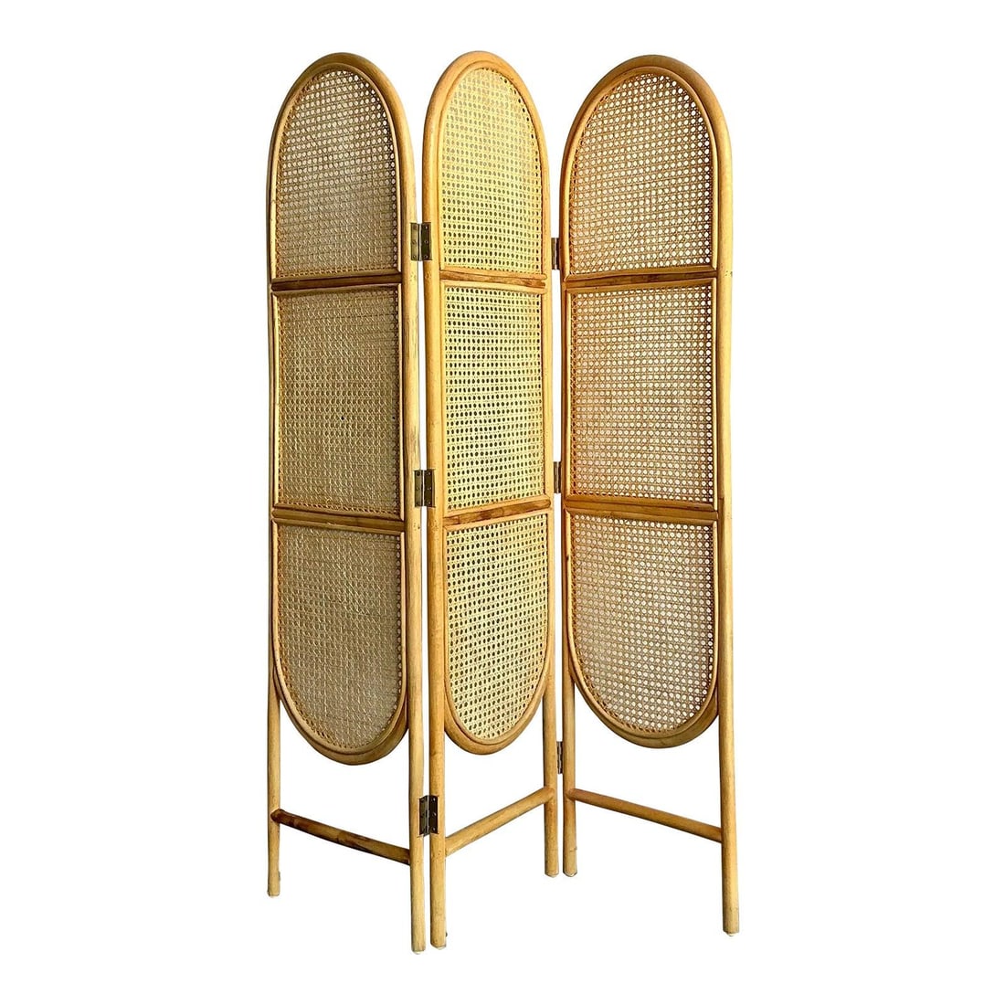 Rattan Cane Three Panel Arch Room Divider Bohemian Style Folding Screen: Rattan Cane Three Panel Arch Room Divider Bohemian Style Folding Screen This vintage Boho arched cane folding screen from the 1970s is crafted from natural rattan and intricately woven cane, offering 