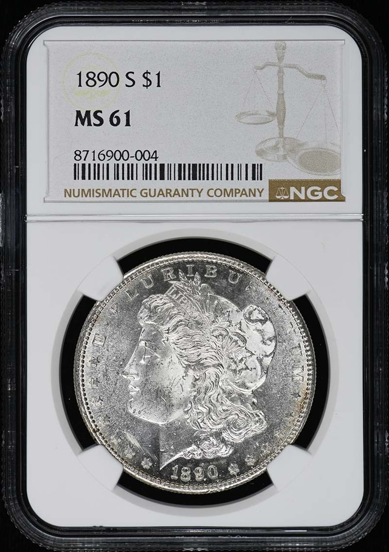 NGC MS61 1890-S San Francisco Morgan Silver Dollar: NGC MS61 1890-S San Francisco Morgan Silver Dollar This 1890 Morgan Dollar was minted in San Francisco and is graded MS61 by NGC. The coin is uncirculated and comes with NGC certification, making it a