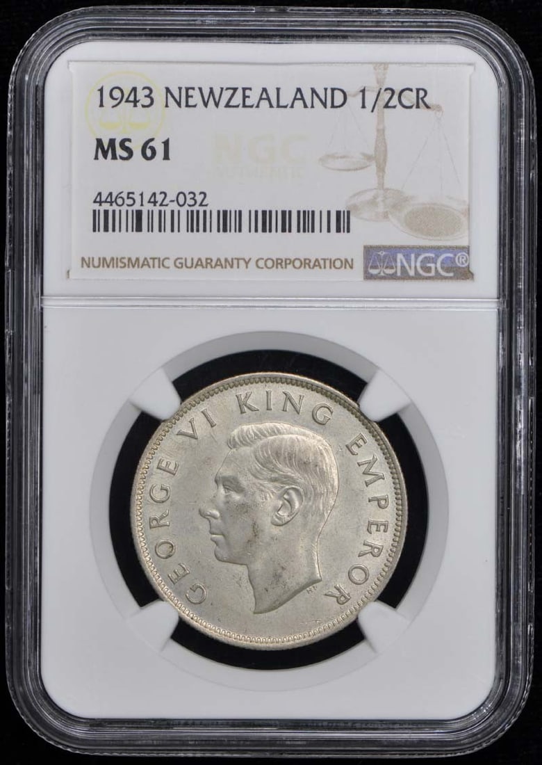 1943 New Zealand Half Crown NGC MS61 Certified Coin: 1943 New Zealand Half Crown NGC MS61 Certified Coin This 1943 New Zealand half crown is graded MS61 by NGC, indicating it is in un-used condition. The coin is pre-owned and certified by NGC with the p