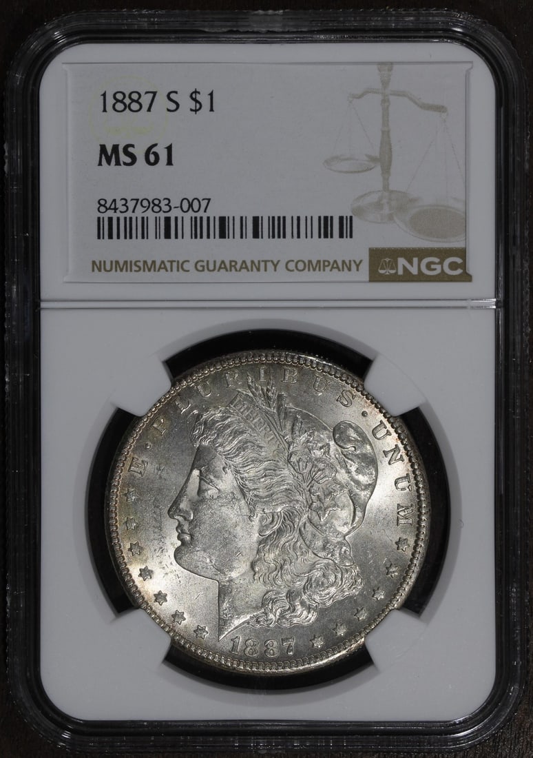 NGC MS61 1887-S San Francisco Morgan Silver Dollar: NGC MS61 1887-S San Francisco Morgan Silver Dollar This 1887-S Morgan Silver Dollar is an uncirculated coin graded MS61 by NGC. Struck in San Francisco, it features a silver composition with a finenes