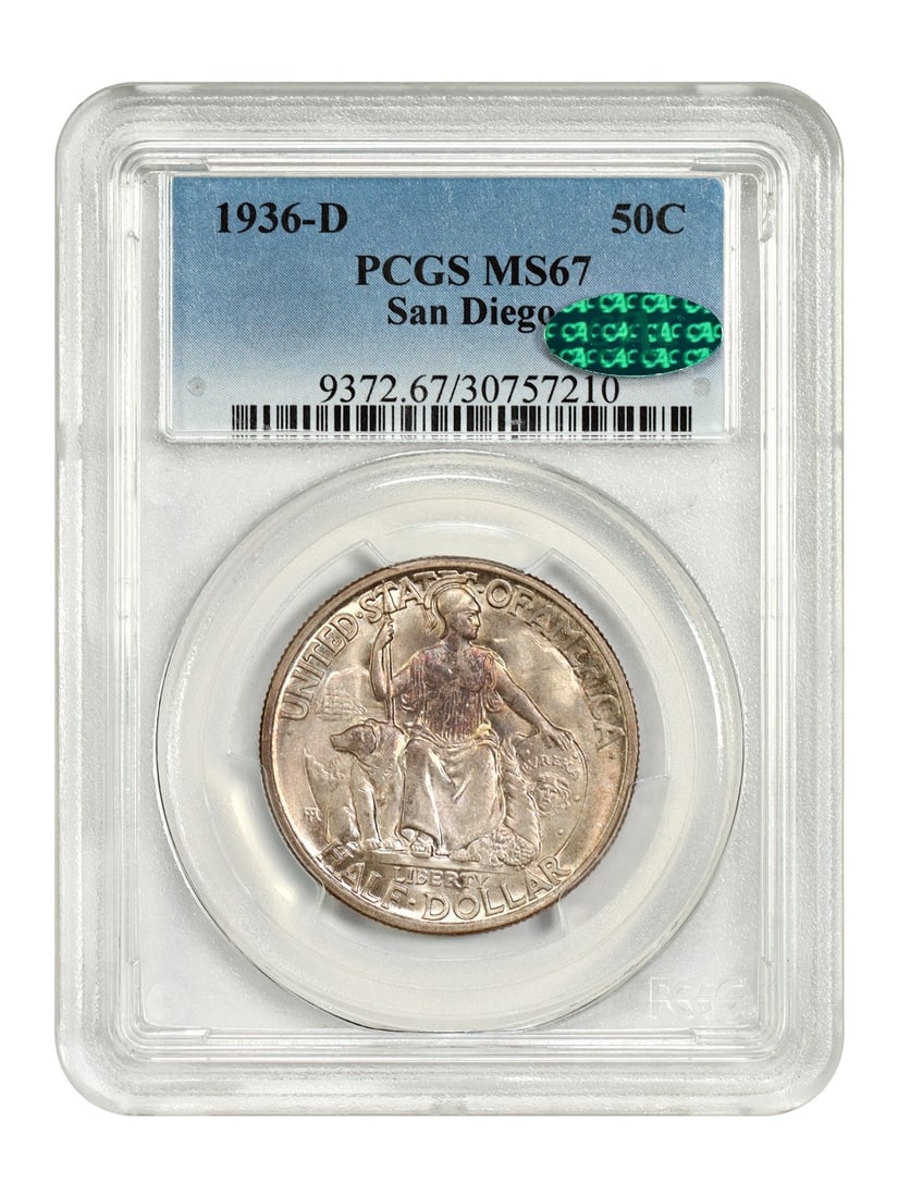 1936-D San Diego 50C PCGS CAC MS67 Classic Silver Commemorative: 1936-D San Diego 50C PCGS CAC MS67 Classic Silver Commemorative This 1936-D San Diego 50-cent coin is a classic silver commemorative, certified by PCGS and CAC with a grade of MS67. Issued as a souven