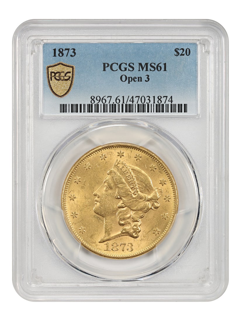 1873 PCGS MS61 Liberty Head Double Eagle Open 3: 1873 PCGS MS61 Liberty Head Double Eagle Open 3 This 1873 Liberty Head $20 Double Eagle features the desirable Open 3 variety and is graded MS61 by PCGS. Struck at the Philadelphia Mint, this uncircul