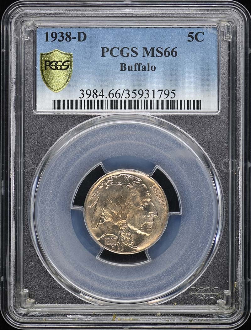 PCGS MS66 1938-D Denver Buffalo 5C Nickel: PCGS MS66 1938-D Denver Buffalo 5C Nickel This is a 1938-D Buffalo Nickel graded MS66 by PCGS. The coin was minted in Denver and is uncirculated, offering a high-quality example of this classic United