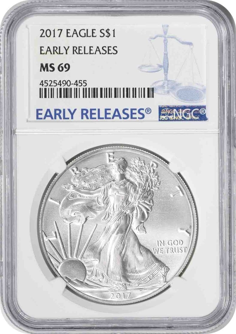 2017 American Silver Eagle Dollar NGC MS69 Early Release Coin: 2017 American Silver Eagle Dollar NGC MS69 Early Release Coin This 2017 $1 American Silver Eagle coin is graded MS69 by NGC as an Early Releases issue. It features a composition of 99.93% silver and 0