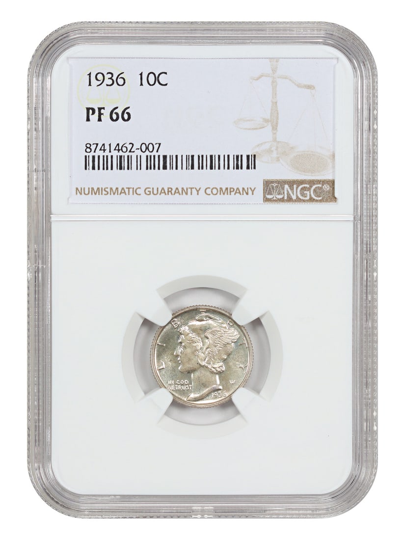 1936 Mercury Dime NGC PR66 First Year Proof: 1936 Mercury Dime NGC PR66 First Year Proof This 1936 Mercury Dime is a scarce first-year proof issue, graded PR66 by NGC. With a limited mintage of only 4,130 coins, it features bright, golden-tinted