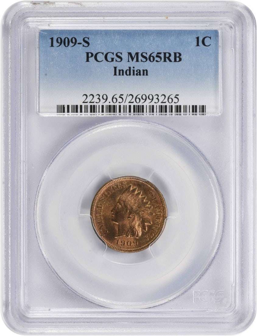 1909-S Indian Head Cent MS65RB PCGS Uncirculated: 1909-S Indian Head Cent MS65RB PCGS Uncirculated This 1909-S Indian Cent is a remarkable example of numismatic history, graded MS65RB by PCGS, signifying its uncirculated condition. Minted in San Fran