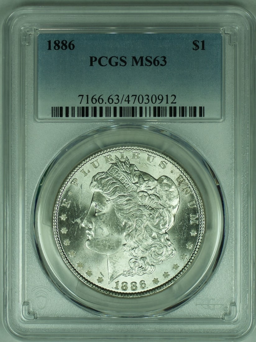 PCGS MS 63 1886 Morgan Dollar Silver Coin from Philadelphia: PCGS MS 63 1886 Morgan Dollar Silver Coin from Philadelphia This 1886 Morgan Silver Dollar coin is graded MS-63 by PCGS. Minted in Philadelphia, it is composed of 90% silver and is uncirculated. The c