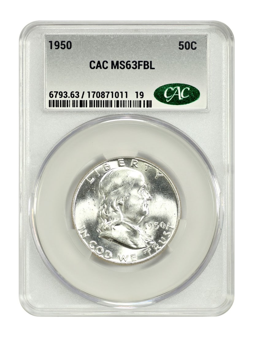 CACG MS63FBL 1950 Franklin Half Dollar 50C Philadelphia: CACG MS63FBL 1950 Franklin Half Dollar 50C Philadelphia This 1950 Franklin Half Dollar is a certified uncirculated coin graded MS63FBL by CACG. It features the Full Bell Lines (FBL) designation and wa