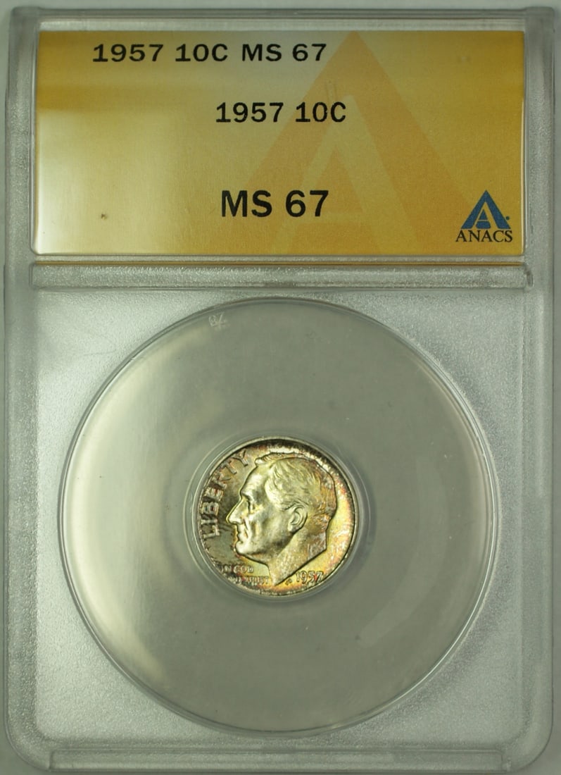 ANACS MS 67 1957 Silver 10C Roosevelt Dime Philadelphia Toned: ANACS MS 67 1957 Silver 10C Roosevelt Dime Philadelphia Toned This 1957 Roosevelt Dime is a 10-cent coin from the United States, certified by ANACS at a high grade of MS 67. Struck in silver at the Ph