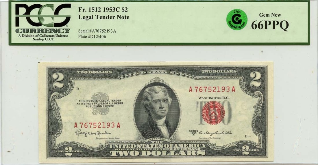 PCGS GEM 66 PPQ 1953 $2 United States Legal Tender Note FR 1512 (1 of 2)