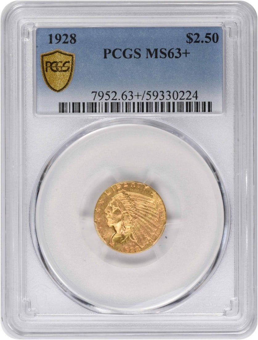 1928 PCGS MS63+ $2.50 Indian Head Gold Coin: 1928 PCGS MS63+ $2.50 Indian Head Gold Coin This 1928 $2.50 Gold Indian coin is graded MS63 by PCGS and features the iconic incuse design by Bela Lyon Pratt. Struck at the Philadelphia Mint, it is com