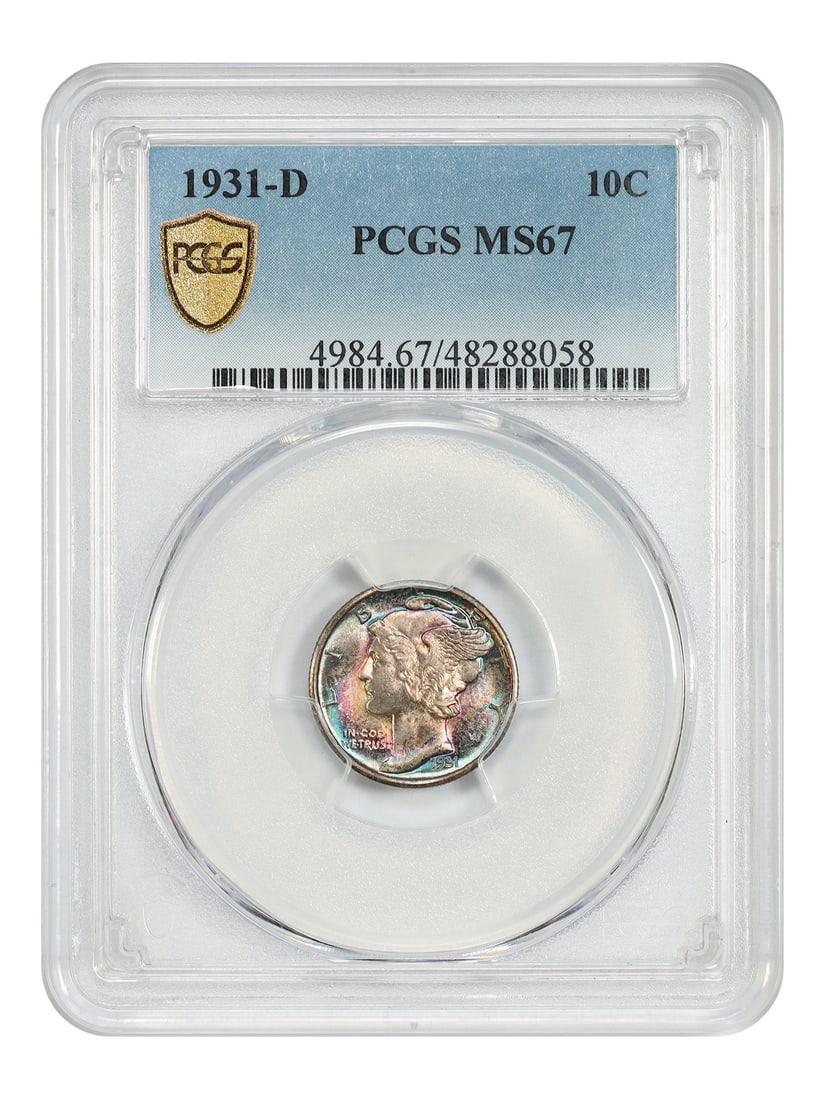 PCGS MS67 1931-D Mercury Dime: PCGS MS67 1931-D Mercury Dime This 1931-D Mercury Dime is graded MS67 by PCGS, indicating an uncirculated condition with exceptional quality. The obverse features bright blue, pink, and golden tones, 
