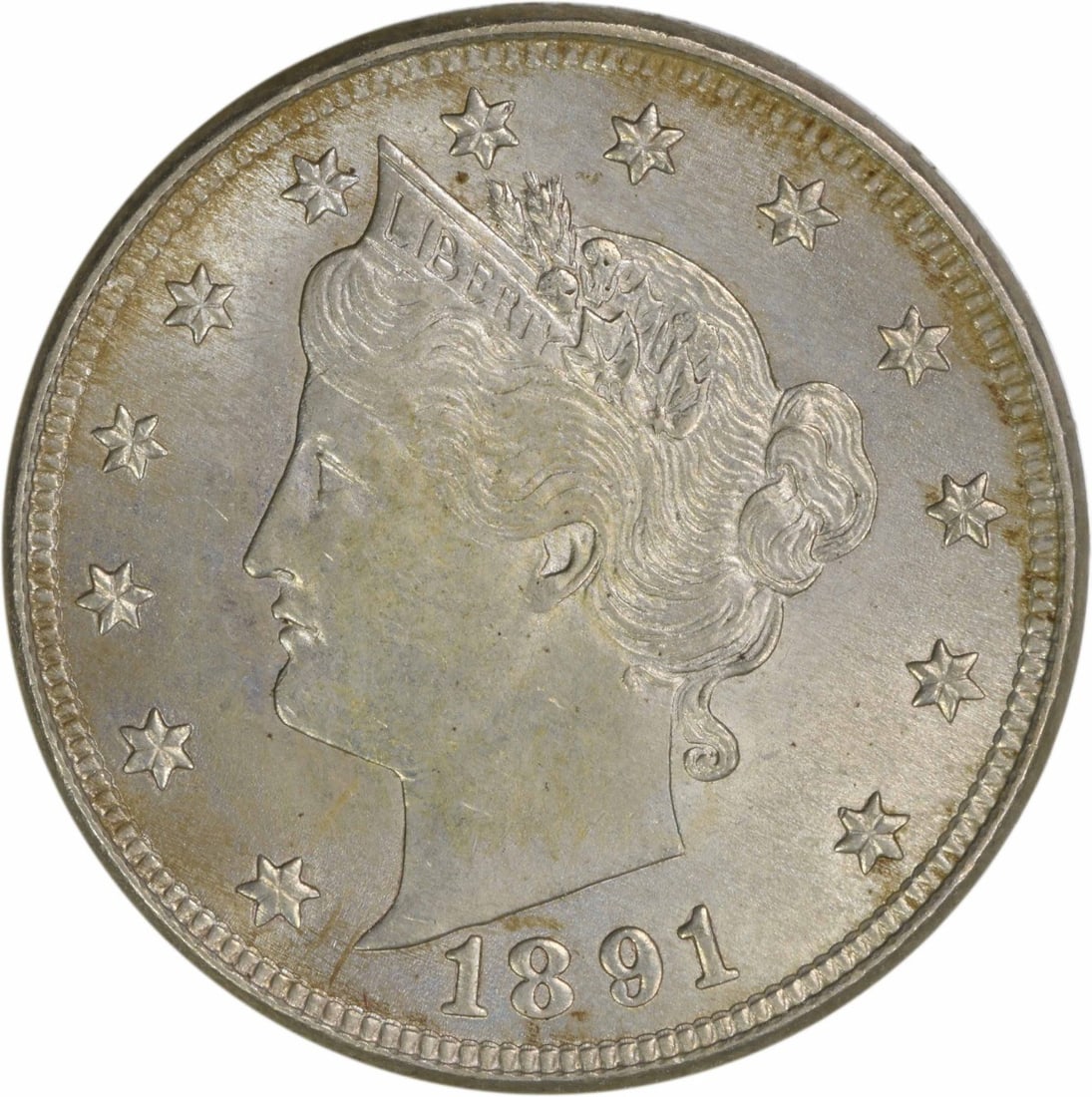 1891 Liberty 5 Cent Nickel Coin Choice BU Uncertified: 1891 Liberty 5 Cent Nickel Coin Choice BU Uncertified This 1891 Liberty Nickel is a Choice BU grade, uncertified coin composed of nickel. It features the Liberty design and is a pre-owned piece from 1