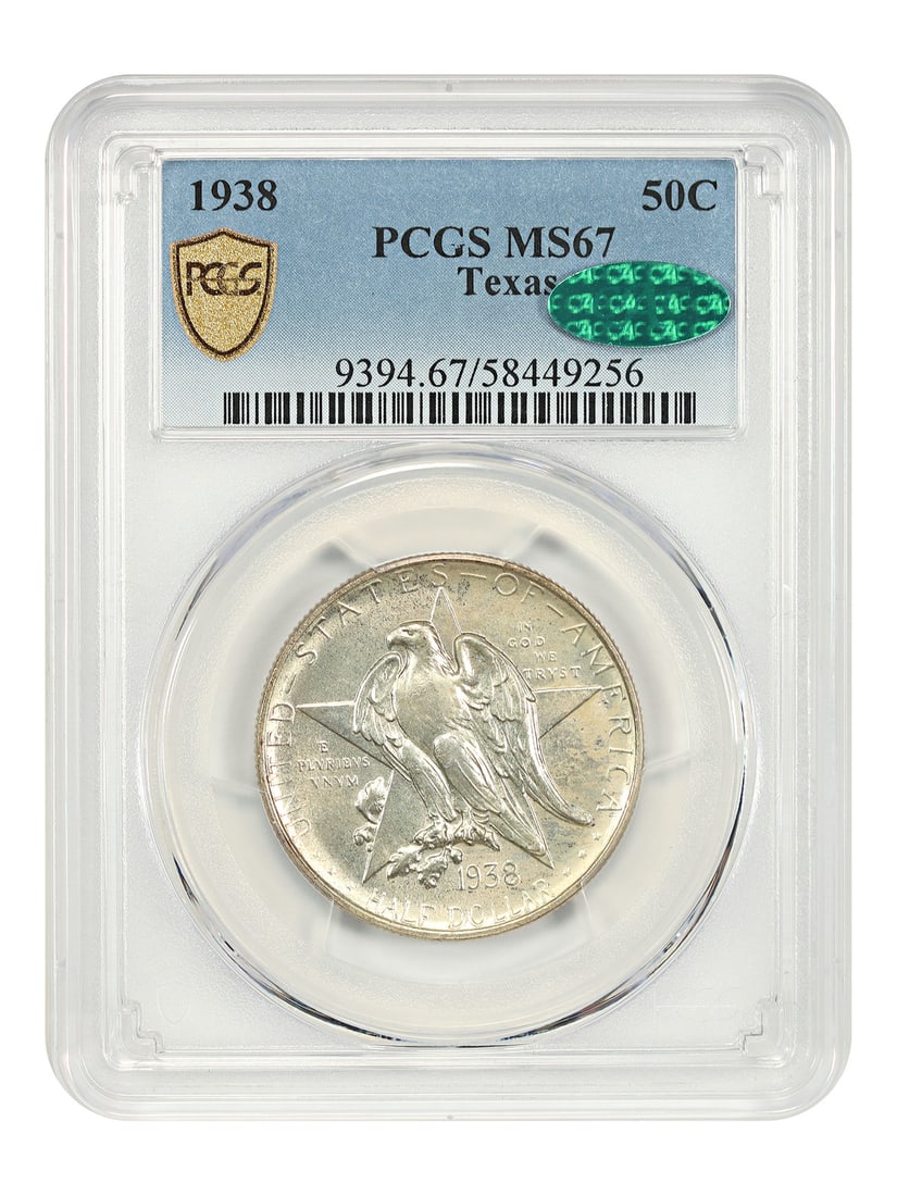 1938 Texas 50C PCGS CAC MS67 Silver Commemorative: 1938 Texas 50C PCGS CAC MS67 Silver Commemorative This 1938 Texas 50-cent piece is a classic silver commemorative coin, graded MS67 by PCGS and approved by CAC. Struck at the Philadelphia Mint, this c