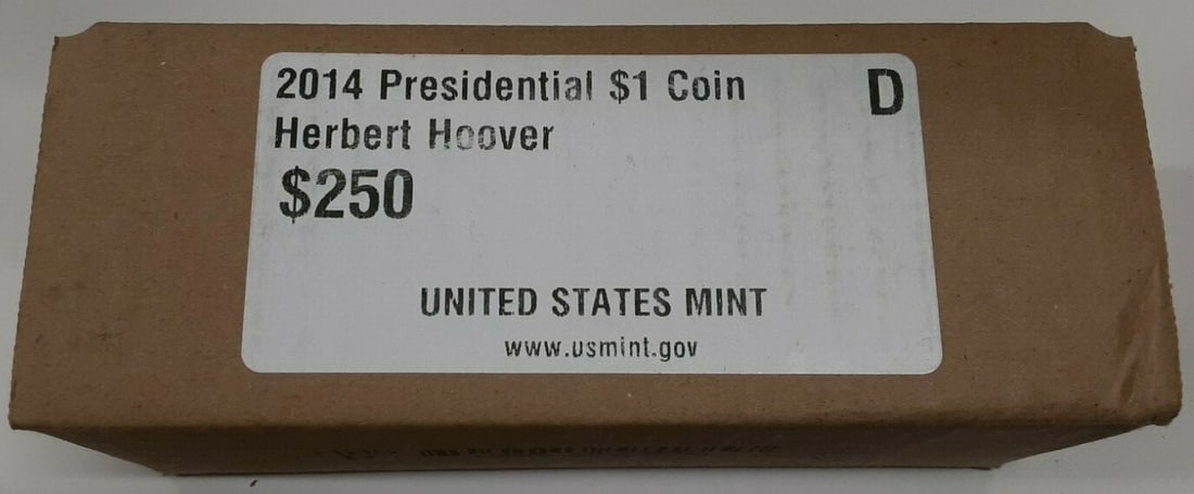 Sealed Box of 250 2014-D Herbert Hoover Presidential Uncirculated Dollar Coins: Sealed Box of 250 2014-D Herbert Hoover Presidential Uncirculated Dollar Coins This is a sealed box of 2014-D Herbert Hoover Presidential $1 coins from the U.S. Mint. The box contains 10 original bank