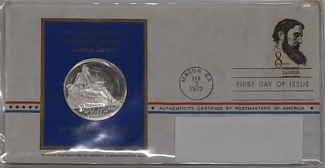 Sterling Silver 1972 Postmasters Medal Honoring Poet Sidney Lanier (1 of 2)