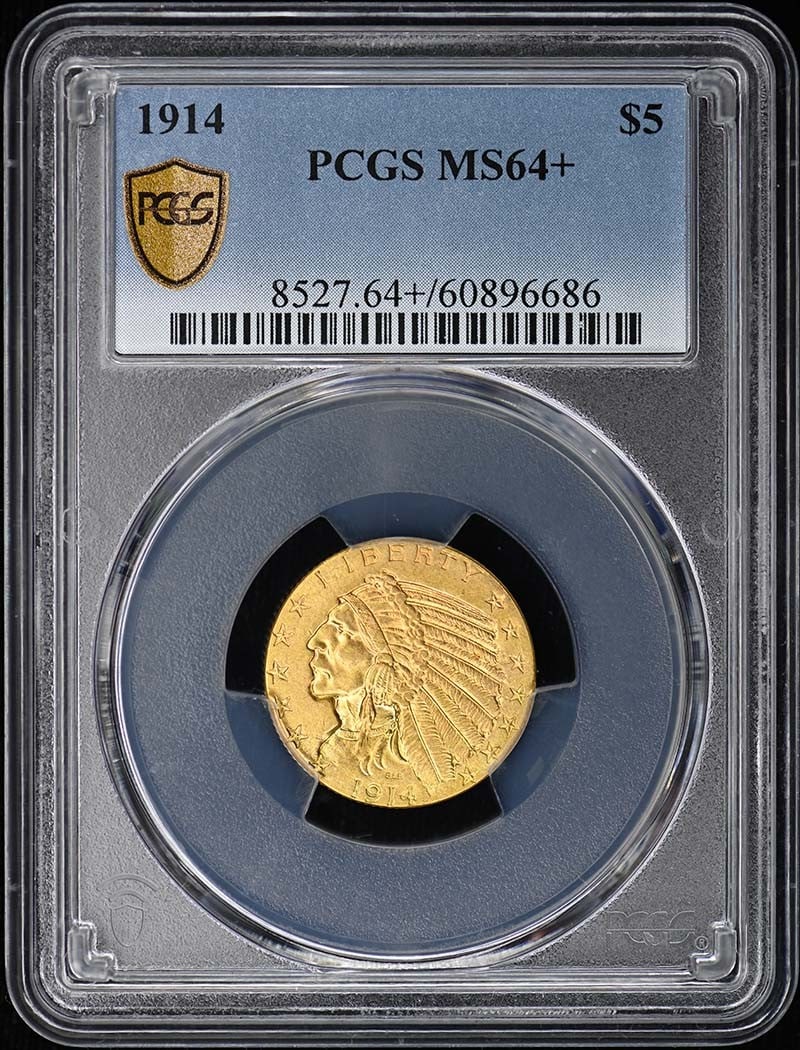 1914 Philadelphia Indian Head $5 Gold PCGS MS64+: 1914 Philadelphia Indian Head $5 Gold PCGS MS64+ This 1914 $5 Indian Head gold coin has been graded MS64+ by PCGS, indicating a high-quality, uncirculated example. Struck at the Philadelphia Mint, it 
