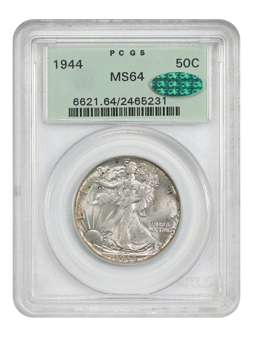 1944 Walking Liberty Half Dollar PCGS CAC MS64 OGH: 1944 Walking Liberty Half Dollar PCGS CAC MS64 OGH This 1944 Walking Liberty Half Dollar is graded MS64 by PCGS and features CAC approval. The coin is uncirculated and was minted in Philadelphia. It b