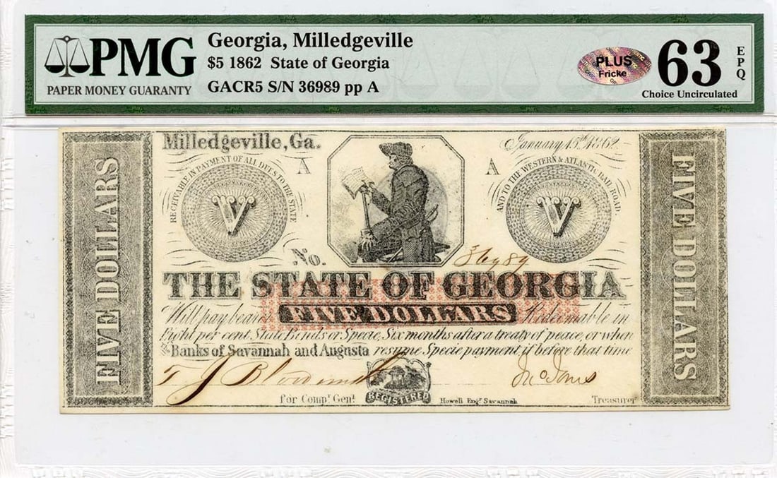 1862 $5 Milledgeville Georgia Obsolete Note PMG CU63 EPQ: 1862 $5 Milledgeville Georgia Obsolete Note PMG CU63 EPQ This 1862 $5 Georgia Milledgeville Obsolete Note is a remarkable piece of currency history, graded PMG CU 63 EPQ, indicating its exceptional co