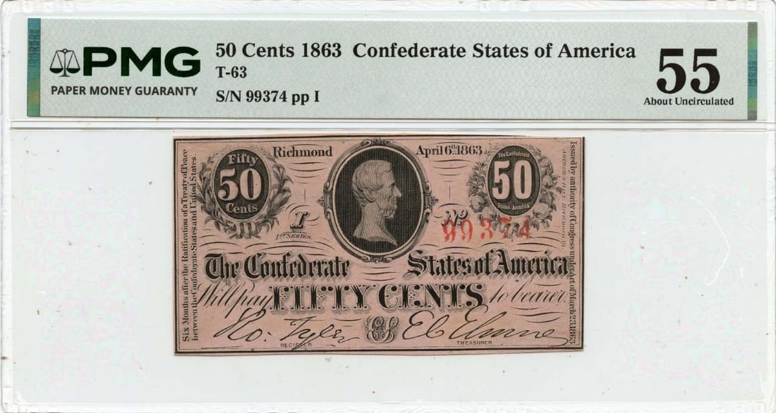 Confederate States 1863 Fifty Cent Note PMG AU55 Certified (1 of 2)
